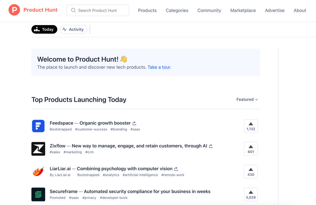 Product Hunt homepage image