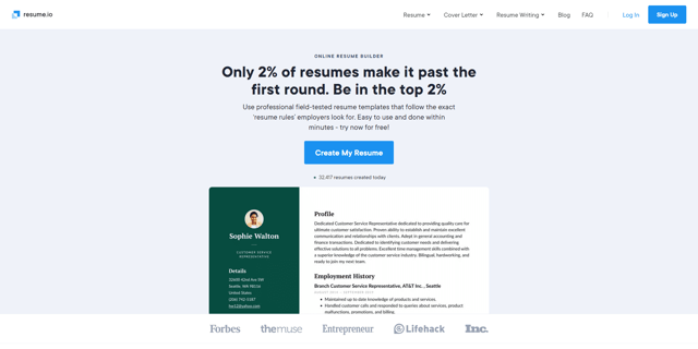 Resume.io homepage image